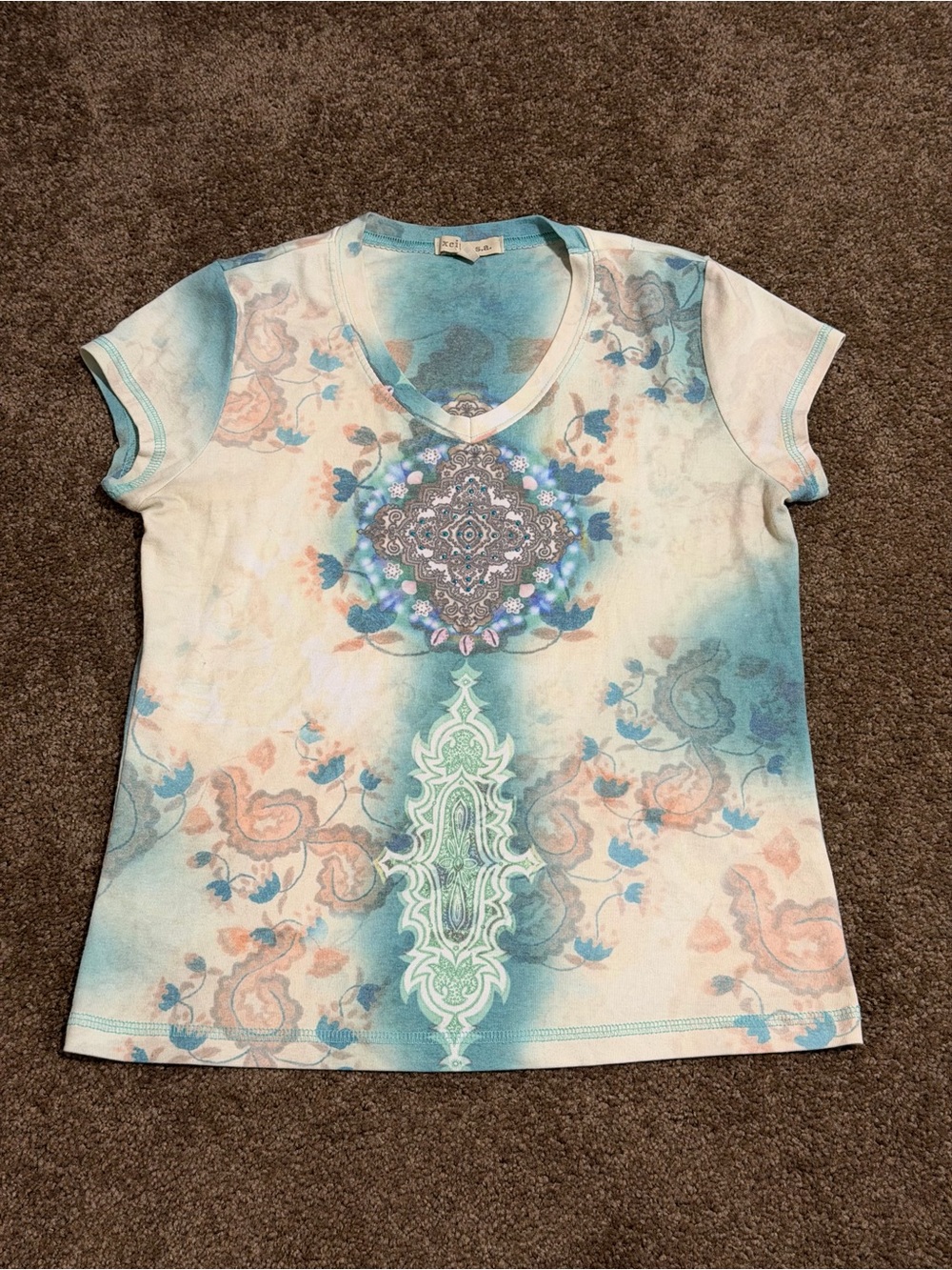 Blue Floral Medallion V-Neck Top